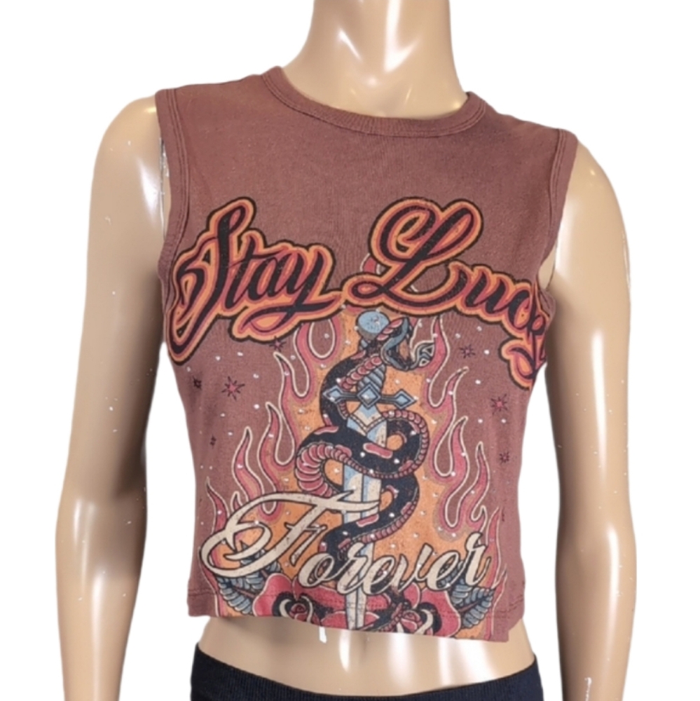 NEW Urban Outfitters Stay Lucky Forever Graphic Crop Top Distressed Sleeveless
